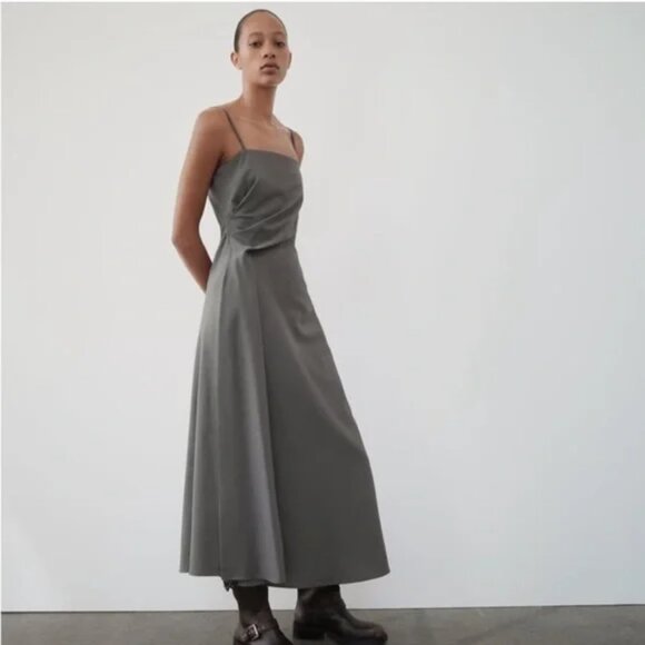 ZARA Long Dress Khaki Gray with Tanks ZW COLLECTION WOOL Blend RUCHED Size: S - Picture 2 of 16